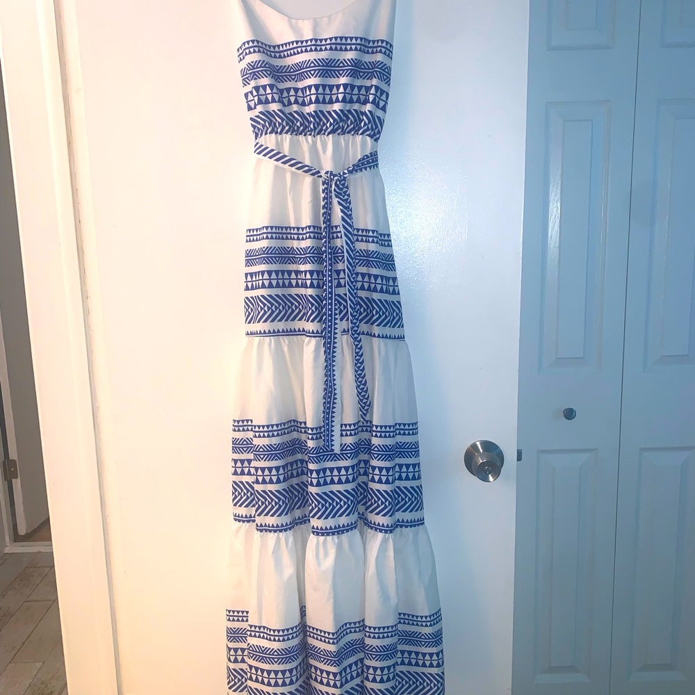 Mediterranean blue and white maxi dress